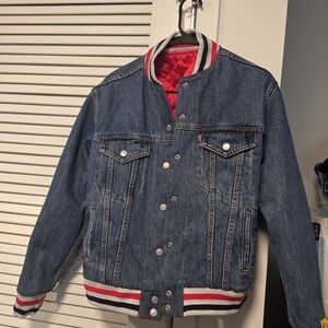 Women Reversible Levi Denim Bomber Jacket with Red Lining
